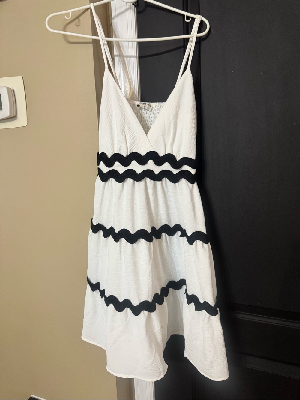 White Spaghetti Strap Sundress with Black Wave Trim